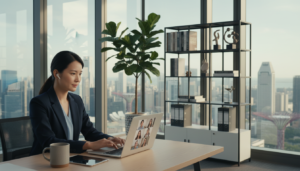 A modern virtual office setting in Singapore, showcasing a sleek workspace with a stylish desk, high-quality laptop, and an organized filing system. Foreground features a well-dressed professional in business attire, engaged in a video call, exuding focus and professionalism. In the middle ground, a lush indoor plant and a contemporary bookshelf with business books provide a touch of greenery and intellect. The background displays a panoramic view of Singapore’s skyline through large glass windows, bathed in soft, natural light from the afternoon sun. The scene is vibrant yet serene, emphasizing productivity and sophistication. The mood is inspiring and professional, capturing the essence of a virtual office space.
