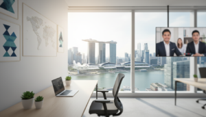 A modern virtual office setup in Singapore, featuring a sleek, minimalist design. In the foreground, a stylish desk with a high-end laptop, an ergonomic chair, and potted plants adding a touch of greenery. In the middle, a large window showcasing a panoramic view of Singapore's skyline, with iconic buildings like Marina Bay Sands in focus. Natural light streams in, creating a bright, uplifting atmosphere. A world map and digital art pieces adorn the walls, enhancing the professional aesthetic. The background includes blurred silhouettes of coworkers engaging in virtual meetings, illustrated in business attire, emphasizing collaboration. The entire scene is captured at eye level with a soft focus effect, portraying a productive and inspiring virtual workspace vibe.