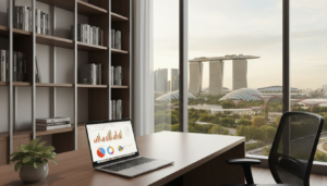 A modern virtual office setup in Singapore, showcasing a sleek, contemporary workspace with a desk and ergonomic chair. In the foreground, include a laptop open with graphs on the screen, alongside a potted plant for a touch of greenery. In the middle ground, position a stylish bookshelf filled with business books, and a large window providing panoramic views of Singapore's skyline bathed in soft natural lighting. The background should feature the iconic Marina Bay Sands and Gardens by the Bay, reflecting the city’s vibrancy. Use a wide-angle lens perspective for depth, creating a professional, yet inviting atmosphere that highlights both productivity and the unique essence of Singapore’s urban landscape.