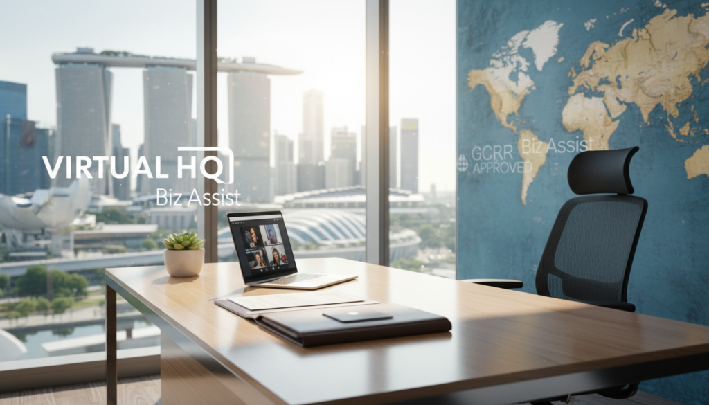 A modern virtual office setup reflecting a professional business environment. In the foreground, a sleek desk with a high-tech laptop open, documents neatly arranged, and a potted plant adding a touch of greenery. In the middle, a stylish office chair facing the desk, and a wall featuring a large, tasteful world map with some virtual office service logos prominently displayed. The background shows a bright window with the Singapore skyline visible, showcasing iconic buildings like Marina Bay Sands. The lighting is bright and natural, enhancing productivity and creativity, captured with a shallow depth of field to focus on the desk area. The mood is professional and inspiring, conveying the concept of a virtual office that meets ACRA registration requirements.