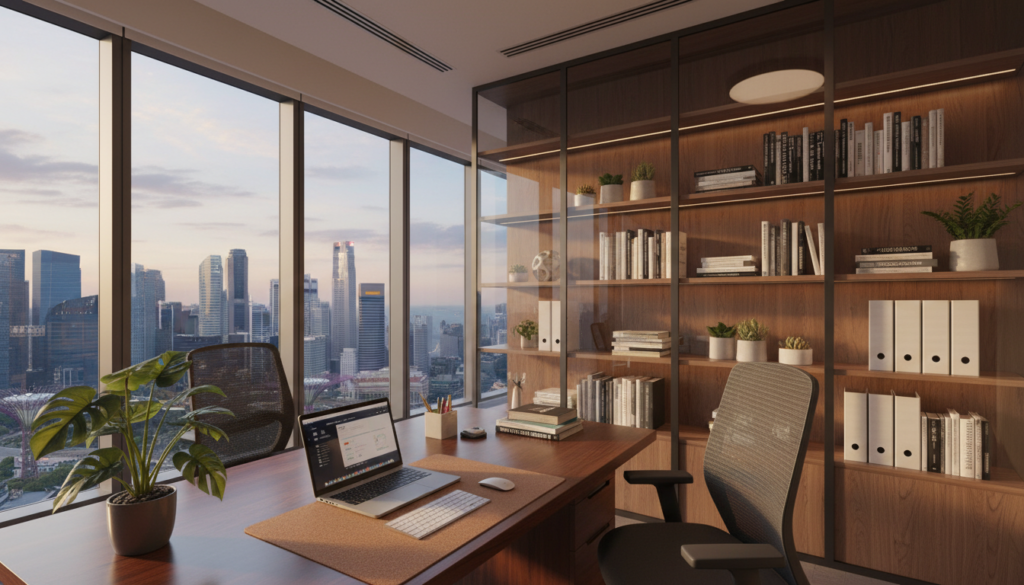 A modern virtual office setup, showcasing cutting-edge technology for remote work. In the foreground, a sleek desk with a high-end laptop, green plants, and ergonomic chairs. In the middle, a glass partition displaying organized shelves filled with books and office supplies, creating an open and inviting atmosphere. The background features a large window with a view of a vibrant Singapore skyline, flooded with natural light. Soft, warm tones to evoke a professional yet relaxed mood. Use a wide-angle lens to capture the spaciousness and depth of the environment, ensuring a photorealistic quality. The scene should depict a harmonious blend of productivity and comfort, emphasizing features that streamline daily operations.