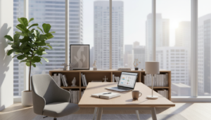 A modern virtual office space designed for remote work, showcasing a sleek, minimalistic interior. In the foreground, a polished wooden desk with a high-end laptop and a few organized office supplies, hinting at productivity. To the left, a comfortable ergonomic chair and a large indoor plant for a touch of greenery. In the middle ground, a bookshelf filled with professional books and decorative items, adding sophistication. In the background, large windows reveal a city skyline, with soft, natural light filtering in, creating a warm and inviting atmosphere. The overall mood is focused and professional, ideal for a virtual office setting. Photorealistic details with a clean, bright color palette to highlight a contemporary workspace aesthetic.