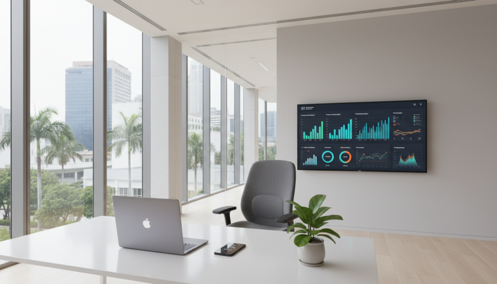 A modern virtual office workspace, designed for a digital entrepreneur in Singapore. In the foreground, a sleek desk with a high-end laptop, smartphone, and potted plant, conveying a sense of productivity. In the middle, a comfortable ergonomic chair and a wall-mounted screen displaying a digital dashboard filled with graphs and data. The background showcases a bright, airy room with large windows allowing natural light to stream in, emphasizing a clean, minimalist aesthetic. Soft, neutral color tones enhance the tranquil atmosphere, while the setting exudes a professional yet approachable mood. The lighting is bright and cheerful, captured with a wide-angle lens to give an expansive feel to the environment. Focus on creating a photorealistic scene that reflects the innovative and flexible nature of remote work in Singapore.
