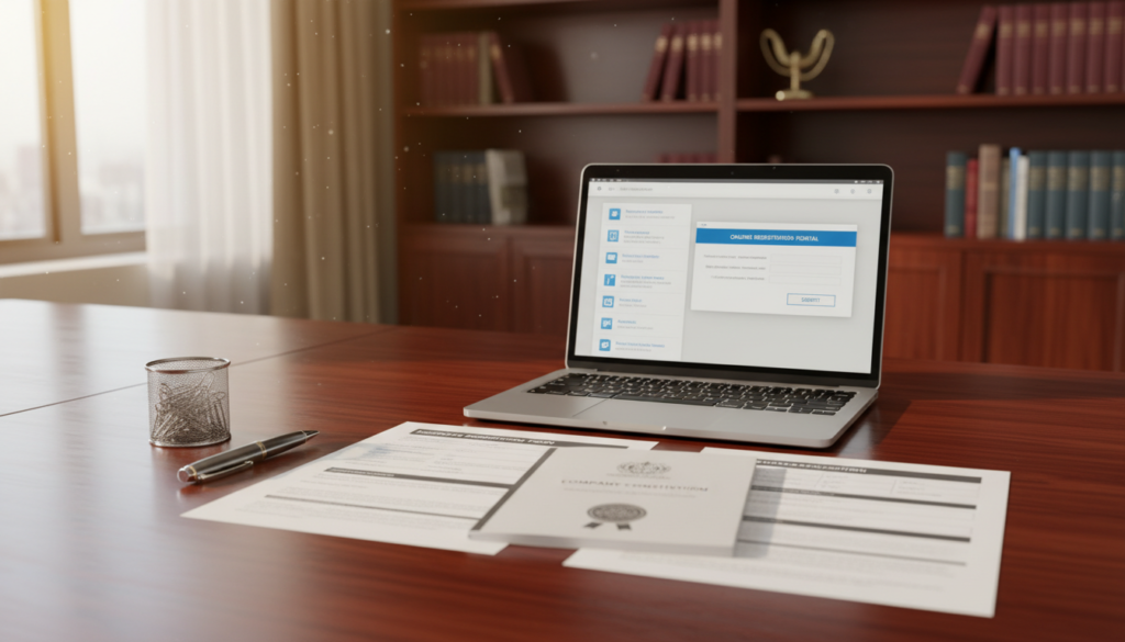 A neatly arranged collection of documents on a polished wooden desk, showcasing a variety of official papers such as business registration forms, a company constitution, and an application for a business license. In the foreground, a stylish ballpoint pen rests alongside a stack of paperclips, hinting at the administrative process. The middle ground features a laptop partially opened, displaying business templates and an online registration portal. In the background, a professional setting with soft-focus bookshelves filled with law and business books, illuminated by warm, natural light coming through a large window. The atmosphere is calm and professional, conveying a sense of diligence and preparation, perfect for aspiring entrepreneurs.