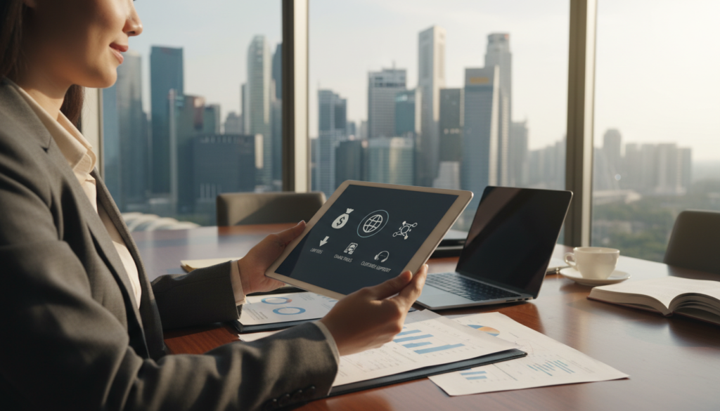 A photorealistic composition depicting a modern business setting focused on the essential features of a business bank account. In the foreground, a well-dressed professional woman examines a sleek digital tablet, displaying icons representing various banking features like low fees, online tools, and customer support. The middle layer includes a polished conference table with business documents, a laptop, and a coffee cup, illustrating an active decision-making environment. The background features large windows showing Singapore’s skyline, bathed in natural light to create an energetic yet sophisticated atmosphere. Use a shallow depth of field to emphasize the foreground details while softly blurring the background, conveying professionalism and clarity in business banking choices. A photorealistic composition depicting a modern business setting focused on the essential features of a business bank account. In the foreground, a well-dressed professional woman examines a sleek digital tablet, displaying icons representing various banking features like low fees, online tools, and customer support. The middle layer includes a polished conference table with business documents, a laptop, and a coffee cup, illustrating an active decision-making environment. The background features large windows showing Singapore’s skyline, bathed in natural light to create an energetic yet sophisticated atmosphere. Use a shallow depth of field to emphasize the foreground details while softly blurring the background, conveying professionalism and clarity in business banking choices.