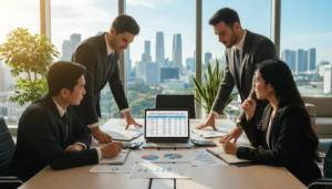 A photorealistic composition illustrating the concept of costs and budgets in a business setting. Foreground features a diverse group of professionals in business attire, intently discussing financial documents and charts, illuminated by warm, natural light. In the middle ground, an open laptop displays a spreadsheet with graphs and figures related to registration costs in Singapore, surrounded by calculators and pens. The background showcases a modern office space with large windows, plants, and city views, creating a vibrant and productive atmosphere. The overall mood conveys seriousness and focus, suitable for conveying financial planning and budgeting insights for business registration.