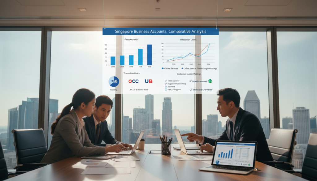 A photorealistic depiction of a business accounts comparison in an elegant office setting. In the foreground, a diverse group of professionals, dressed in smart business attire, collaborate around a sleek conference table filled with documents and digital devices displaying bank account options. The middle ground showcases a large digital screen projecting graphs and comparisons of different business bank accounts available in Singapore, highlighting features such as fees, services, and customer support. The background features large windows with a view of Singapore’s skyline, providing natural light that creates a bright and inspiring atmosphere. The mood is focused and productive, capturing the essence of informed decision-making in a contemporary business environment.