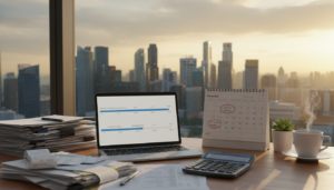 A photorealistic depiction of a compliance timeline filing for corporate tax in Singapore. In the foreground, a neatly arranged desk with a stack of financial documents, a laptop displaying a timeline chart, and a professional calculator. The middle section features a calendar with highlighted tax deadlines and reminders, alongside a cup of coffee and a potted plant for a touch of greenery. In the background, a window with a view of Singapore’s skyline during golden hour, casting warm, natural light across the scene. The atmosphere is focused and professional, emphasizing the importance of compliance and organization in corporate tax matters.