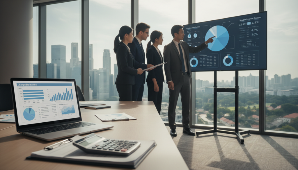 A photorealistic depiction of a corporate office setting focused on the concept of chargeable income. In the foreground, a neatly organized desk with financial documents, a calculator, and a sleek laptop displaying graphs and figures related to income tax. In the middle ground, a diverse group of professionals in formal business attire are engaged in discussion, analyzing charts on a digital screen. The background features large windows showcasing the Singapore skyline, with bright natural light illuminating the scene. The atmosphere is focused yet collaborative, conveying a sense of authority and expertise in financial matters, with soft shadows adding depth to the image. The overall mood is professional and informative, ideal for conveying corporate tax themes.