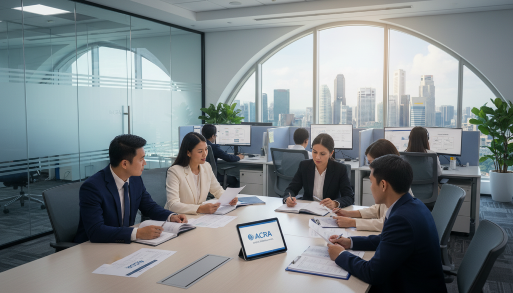 A photorealistic depiction of a modern corporate office environment showcasing the theme of the Accounting and Corporate Regulatory Authority (ACRA) in Singapore. In the foreground, a diverse group of professionals, dressed in smart business attire, are engaged in discussions over financial documents and digital tablets. The middle ground features glass partitions separating different working spaces, with people reviewing filing forms and tax documents. In the background, a large window reveals a view of Singapore's skyline, casting natural light across the scene, creating a bright and inviting atmosphere. The mood should be focused and professional, illustrating the importance of compliance and statutory filings in a corporate setting. A photorealistic depiction of a modern corporate office environment showcasing the theme of the Accounting and Corporate Regulatory Authority (ACRA) in Singapore. In the foreground, a diverse group of professionals, dressed in smart business attire, are engaged in discussions over financial documents and digital tablets. The middle ground features glass partitions separating different working spaces, with people reviewing filing forms and tax documents. In the background, a large window reveals a view of Singapore's skyline, casting natural light across the scene, creating a bright and inviting atmosphere. The mood should be focused and professional, illustrating the importance of compliance and statutory filings in a corporate setting.
