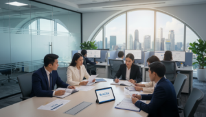 A photorealistic depiction of a modern corporate office environment showcasing the theme of the Accounting and Corporate Regulatory Authority (ACRA) in Singapore. In the foreground, a diverse group of professionals, dressed in smart business attire, are engaged in discussions over financial documents and digital tablets. The middle ground features glass partitions separating different working spaces, with people reviewing filing forms and tax documents. In the background, a large window reveals a view of Singapore's skyline, casting natural light across the scene, creating a bright and inviting atmosphere. The mood should be focused and professional, illustrating the importance of compliance and statutory filings in a corporate setting.