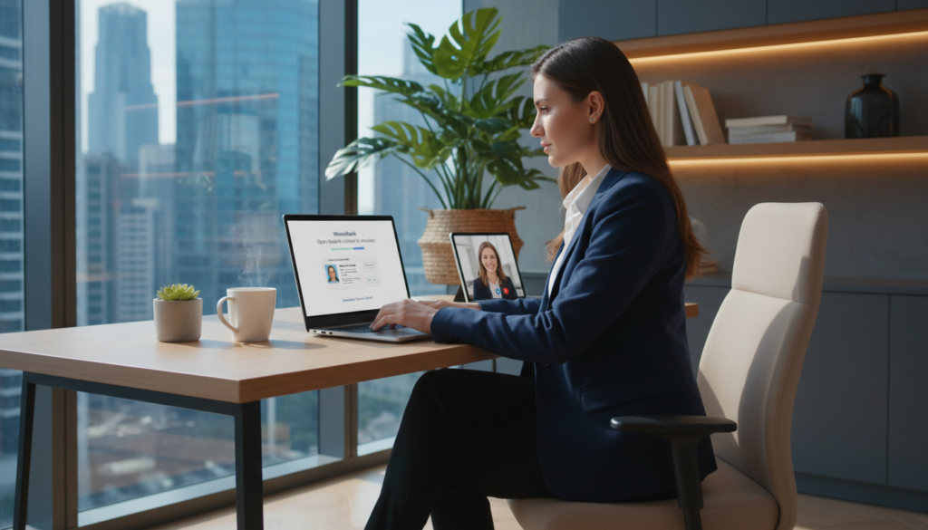 A photorealistic depiction of a modern digital onboarding experience for a bank account. In the foreground, a young professional wearing smart business attire is engaged with a sleek laptop, showcasing an interactive banking platform on the screen. The middle ground features a well-designed office environment, including a modern desk, potted plants, and soft ambient lighting creating a welcoming atmosphere. In the background, large windows allow natural light to flood the space, revealing a city skyline, signifying the innovation of digital banking services. The mood is professional and focused, emphasizing the ease and accessibility of online account opening compared to traditional banks. Capture this scene from a slightly elevated angle to highlight both the laptop and the inviting workspace. A photorealistic depiction of a modern digital onboarding experience for a bank account. In the foreground, a young professional wearing smart business attire is engaged with a sleek laptop, showcasing an interactive banking platform on the screen. The middle ground features a well-designed office environment, including a modern desk, potted plants, and soft ambient lighting creating a welcoming atmosphere. In the background, large windows allow natural light to flood the space, revealing a city skyline, signifying the innovation of digital banking services. The mood is professional and focused, emphasizing the ease and accessibility of online account opening compared to traditional banks. Capture this scene from a slightly elevated angle to highlight both the laptop and the inviting workspace.