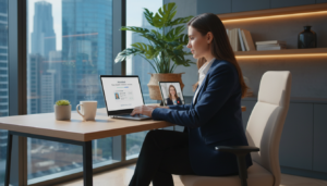 A photorealistic depiction of a modern digital onboarding experience for a bank account. In the foreground, a young professional wearing smart business attire is engaged with a sleek laptop, showcasing an interactive banking platform on the screen. The middle ground features a well-designed office environment, including a modern desk, potted plants, and soft ambient lighting creating a welcoming atmosphere. In the background, large windows allow natural light to flood the space, revealing a city skyline, signifying the innovation of digital banking services. The mood is professional and focused, emphasizing the ease and accessibility of online account opening compared to traditional banks. Capture this scene from a slightly elevated angle to highlight both the laptop and the inviting workspace.
