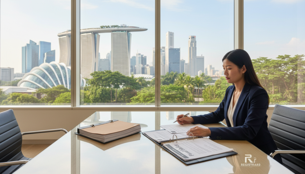 A photorealistic depiction of a modern office workspace designed for company registration, set in Singapore. In the foreground, a sleek, glass table is adorned with business documents showcasing the phrase “Private Limited.” To the right, a professional Asian woman in business attire reviews paperwork, her expression focused and contemplative. In the middle ground, a large window reveals a vibrant view of Singapore's skyline, with iconic structures like Marina Bay Sands visible. Soft, natural lighting streams in, illuminating the scene and creating a light, motivational atmosphere. The background features lush greenery outside the window, symbolizing growth and opportunity, while the overall composition exudes professionalism and clarity, aligning with themes of business structure and registration.