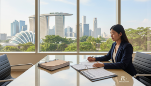 A photorealistic depiction of a modern office workspace designed for company registration, set in Singapore. In the foreground, a sleek, glass table is adorned with business documents showcasing the phrase “Private Limited.” To the right, a professional Asian woman in business attire reviews paperwork, her expression focused and contemplative. In the middle ground, a large window reveals a vibrant view of Singapore's skyline, with iconic structures like Marina Bay Sands visible. Soft, natural lighting streams in, illuminating the scene and creating a light, motivational atmosphere. The background features lush greenery outside the window, symbolizing growth and opportunity, while the overall composition exudes professionalism and clarity, aligning with themes of business structure and registration.