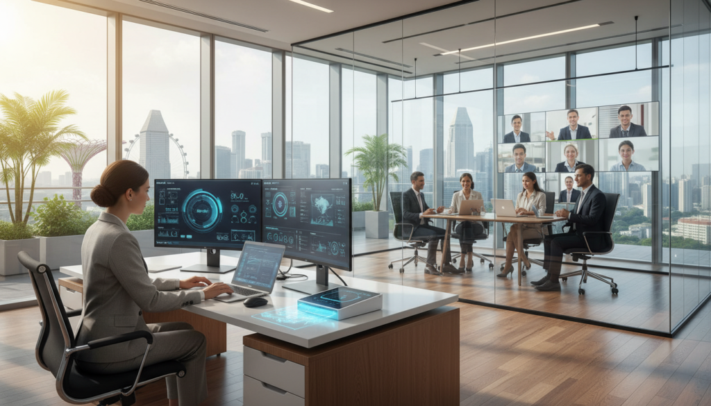 A photorealistic depiction of a modern virtual office environment in Singapore. In the foreground, a sophisticated and well-dressed business professional is working at a sleek, minimalist desk, surrounded by technological gadgets like dual monitors and a high-end laptop. The middle ground features a stylish conference area with glass walls, showcasing a group of diverse professionals engaged in a video conference, all wearing professional attire. The background highlights a panoramic view of Singapore's iconic skyline through large windows, with daylight streaming in, creating a bright and inviting atmosphere. The overall mood conveys professionalism, innovation, and collaboration, ideal for a virtual office setting. The image should capture a sense of connectivity and modernity without any text or branding.