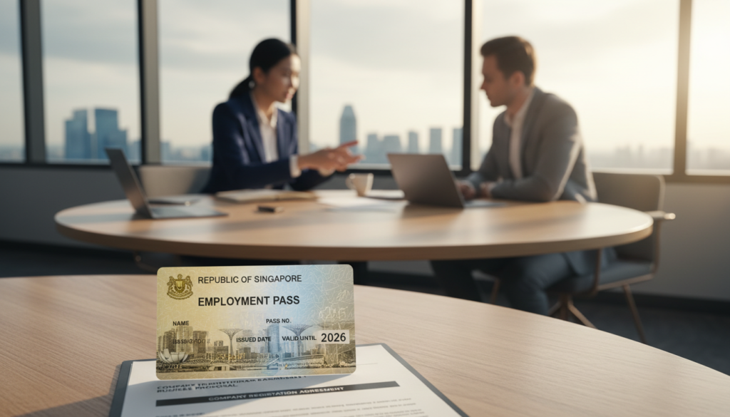 A photorealistic depiction of an employment pass placed prominently in the foreground, highlighting its official features and embossed elements. The pass features a symbol of Singapore's skyline subtly in the background, symbolizing the city’s vibrant business environment. The middle ground shows a blurred office setting with a professional individual dressed in business attire, engaging in a discussion over documents related to company registration. Soft, natural lighting enhances the image, creating a warm, inviting atmosphere. The focus is sharp on the employment pass, while the office environment remains slightly out of focus to convey depth. The overall mood reflects professionalism and opportunity for foreigners looking to establish a business in Singapore in 2026.