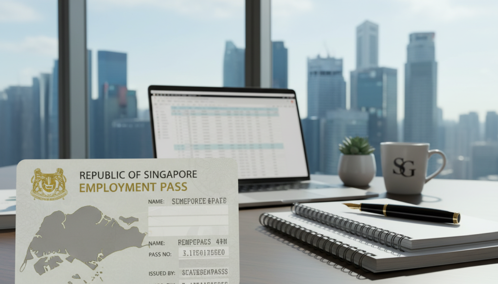 A photorealistic depiction of an employment pass, prominently displayed in the foreground, with a clear focus on its official details and design elements such as the national emblem of Singapore and outlines. In the middle, an office setting reveals a well-organized desk featuring a laptop, a professional pen, and notepads, symbolizing a workspace where one manages a company. The background shows blurred office buildings through a window, suggesting a corporate environment in Singapore. The lighting is bright and natural, filtering in through the window to create an inviting atmosphere. There are no people in the image, ensuring a clean and professional representation of the employment pass concept.