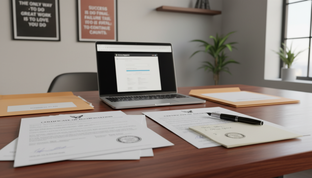 A photorealistic depiction of incorporation documents spread across a polished wooden desk. In the foreground, a close-up of neatly printed papers featuring official logos and signatures, with a pen and a notepad beside them, emphasizing the professional context. In the middle ground, a laptop displaying a business registration website and a few folders labeled "Business Plan" and "Financial Projections." The background consists of a softly lit office environment, with motivational quotes framed on the walls, and a small indoor plant adding a touch of greenery. The lighting is warm and inviting, creating a focused yet relaxed atmosphere, suitable for an engaged business professional. A photorealistic depiction of incorporation documents spread across a polished wooden desk. In the foreground, a close-up of neatly printed papers featuring official logos and signatures, with a pen and a notepad beside them, emphasizing the professional context. In the middle ground, a laptop displaying a business registration website and a few folders labeled "Business Plan" and "Financial Projections." The background consists of a softly lit office environment, with motivational quotes framed on the walls, and a small indoor plant adding a touch of greenery. The lighting is warm and inviting, creating a focused yet relaxed atmosphere, suitable for an engaged business professional.