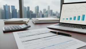 A photorealistic depiction of the Singaporean corporate tax filing Form C-S, prominently featured in the foreground. The form should be illustrated in detail, showing its official structure and formatting, surrounded by elegant office supplies such as a calculator, pen, and a laptop displaying financial graphs. In the middle ground, an office environment with a polished desk, neatly organized documents, and soft, natural lighting streaming through a window, enhancing the professional atmosphere. The background should reveal a blurred view of Singapore’s skyline, symbolizing the corporate landscape. The overall mood is focused and serious, conveying the importance of corporate tax filing. Ensure no text, labels, or inscriptions are present in the image.