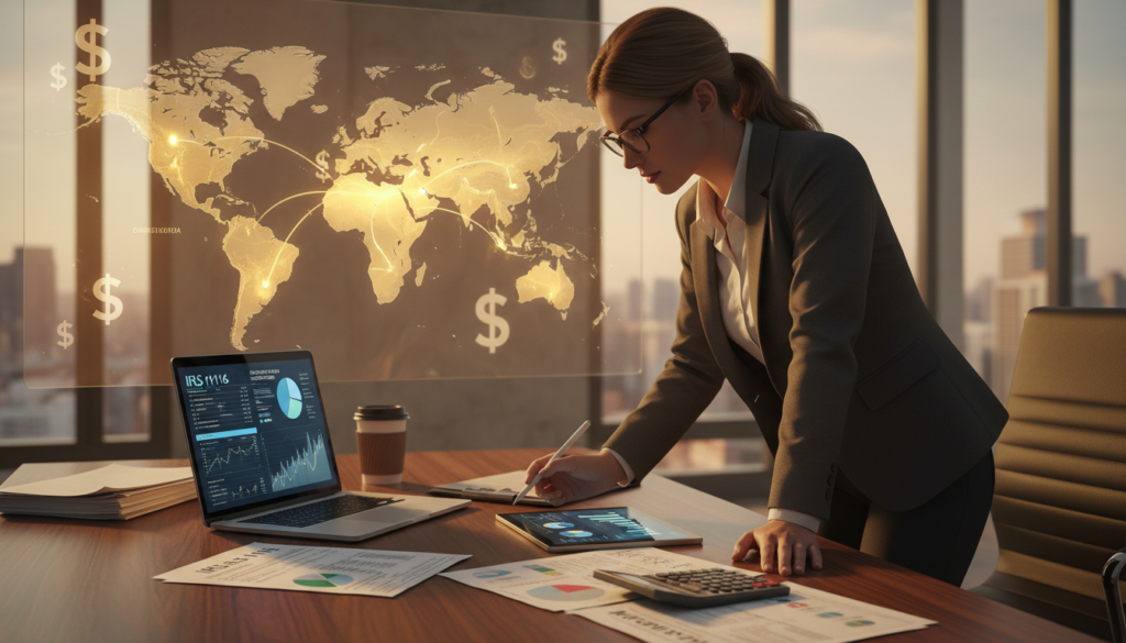 A photorealistic illustration depicting the concept of "foreign-sourced dividends." In the foreground, a professional businessperson, dressed in smart attire, is analyzing financial documents on a sleek desk filled with tax forms, reports, and a laptop displaying graphs about cross-border income. In the middle ground, a world map with highlighted regions symbolizing foreign investment and currency symbols, showcasing the international nature of these dividends. The background features a modern office setting with large windows allowing natural light to filter in, casting soft shadows. The overall atmosphere conveys a sense of professionalism, focus, and the complexities of international finance, with a warm color palette emphasizing a dynamic yet serious mood.