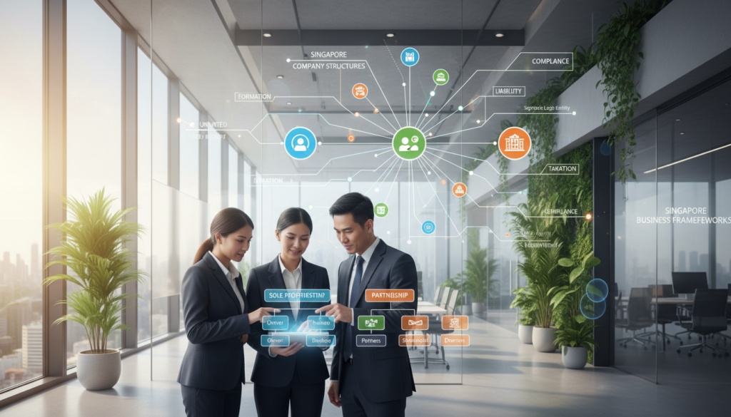 A photorealistic illustration of a company structure diagram depicting various business entities like sole proprietorships, partnerships, and corporations in Singapore. In the foreground, a diverse group of three professional individuals in business attire—one male and two females—analyze a digital tablet displaying the structure, with illustrations of each entity's hierarchy. The middle ground features an organized flowchart with vibrant colors, clearly delineating connections and relationships between different business structures. In the background, a modern office environment with glass walls and greenery to convey a productive atmosphere. Soft, natural lighting highlights the scene, creating an inviting and professional mood. The composition balances clarity and detail, ensuring the focus remains on the company structure diagram.