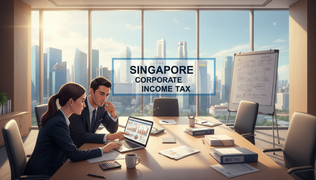 A photorealistic illustration of a corporate office setting focused on Singapore’s corporate income tax. In the foreground, a diverse group of three professionals in business attire—two men and one woman—are engaged in a focused discussion over a laptop displaying financial graphs. The middle ground features a modern conference table with documents, tax calculators, and coffee cups, creating a sense of collaboration. In the background, a city skyline of Singapore is visible through large glass windows, bathed in natural light, conveying an atmosphere of transparency and professionalism. Soft shadows add depth, while a warm color palette enhances the inviting mood of the workspace.