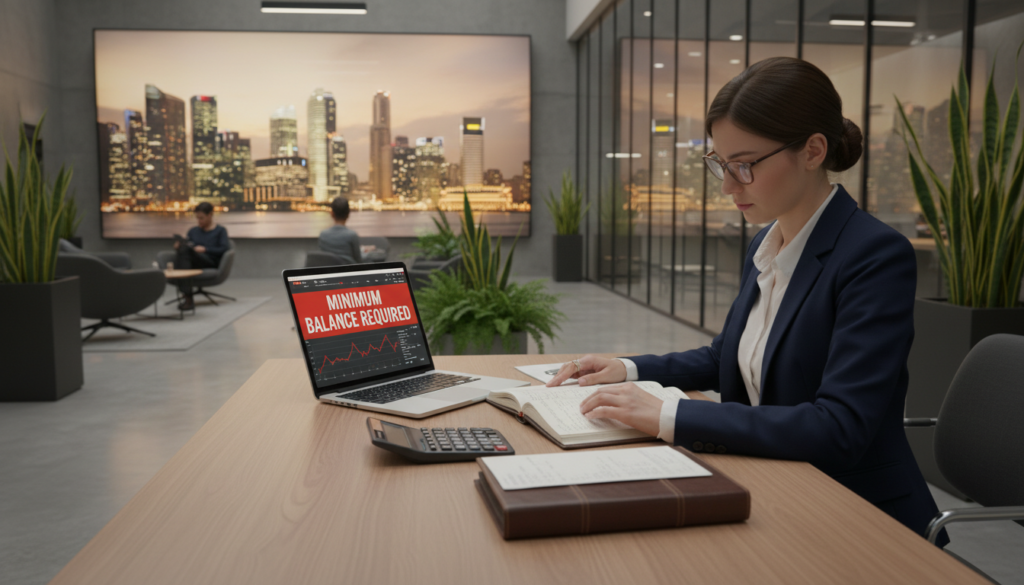 A photorealistic image depicting a bank setting focused on minimum balance concepts. In the foreground, a sleek, modern desk with an open ledger, calculator, and a laptop displaying financial data. A professional businessperson in a business suit, male or female, is thoughtfully examining the documents. In the middle ground, an elegant bank interior with glass walls and warm lighting, showcasing occasional plants to evoke a sense of calm and professionalism. The background features a subtle mural representing Singapore's skyline, emphasizing the local context. The lighting is soft but bright enough to create a welcoming atmosphere, with a slight depth of field to emphasize the foreground elements. The overall mood conveys diligence and clarity in financial management. A photorealistic image depicting a bank setting focused on minimum balance concepts. In the foreground, a sleek, modern desk with an open ledger, calculator, and a laptop displaying financial data. A professional businessperson in a business suit, male or female, is thoughtfully examining the documents. In the middle ground, an elegant bank interior with glass walls and warm lighting, showcasing occasional plants to evoke a sense of calm and professionalism. The background features a subtle mural representing Singapore's skyline, emphasizing the local context. The lighting is soft but bright enough to create a welcoming atmosphere, with a slight depth of field to emphasize the foreground elements. The overall mood conveys diligence and clarity in financial management.