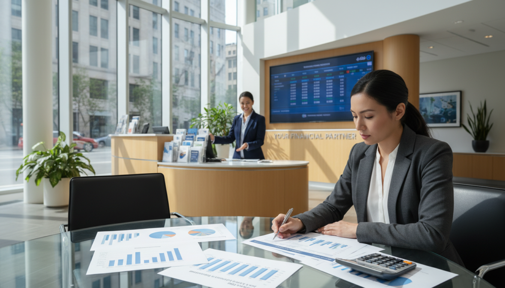 A photorealistic image depicting a modern business bank environment focused on costs, fees, and initial deposits. In the foreground, a sleek glass table with neatly organized documents showcasing a visual representation of various bank fees and a calculator, symbolizing budgeting. A professional individual in business attire is reviewing the documents with a thoughtful expression. In the middle ground, a stylish bank counter with a friendly bank representative ready to assist, surrounded by brochures about account services. The background features a bright, airy bank interior with large windows letting in natural light, adding to the atmosphere of professionalism and trust. The overall mood should be focused and informative, emphasizing the significance of budgeting for banking services.