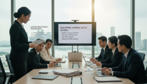 A photorealistic image depicting a modern office space where a diverse group of professionals, dressed in smart business attire, are engaged in a collaborative meeting. In the foreground, a confident female business consultant is presenting a checklist of business registration requirements on a sleek digital tablet. The middle ground features a large conference table with stacks of documents, laptops, and a large screen displaying key points about Singapore’s registration criteria. The background shows large windows with a view of Singapore's skyline, illuminated by soft natural light, creating a professional yet welcoming atmosphere. The overall mood is one of focus and determination, capturing the essence of compliance and preparation in the business world.