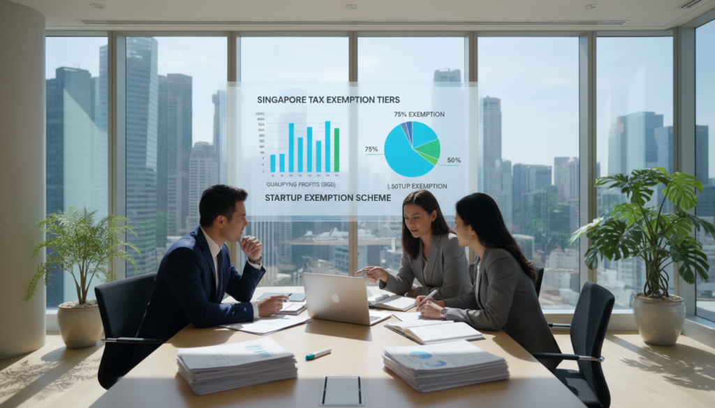 A photorealistic image depicting a professional business environment focused on partial tax exemption for Singapore companies. In the foreground, a diverse group of three business professionals—one male and two female—dressed in smart business attire, are engaged in a discussion around a sleek conference table filled with documents and a laptop. In the middle, a large digital screen displays visual graphs and charts illustrating tax exemption tiers. The background features a modern office workspace with tall windows letting in natural light, creating a bright and inviting atmosphere. Soft shadows enhance the room's depth, while a plants provide a touch of greenery, emphasizing a professional yet welcoming mood. A photorealistic image depicting a professional business environment focused on partial tax exemption for Singapore companies. In the foreground, a diverse group of three business professionals—one male and two female—dressed in smart business attire, are engaged in a discussion around a sleek conference table filled with documents and a laptop. In the middle, a large digital screen displays visual graphs and charts illustrating tax exemption tiers. The background features a modern office workspace with tall windows letting in natural light, creating a bright and inviting atmosphere. Soft shadows enhance the room's depth, while a plants provide a touch of greenery, emphasizing a professional yet welcoming mood.
