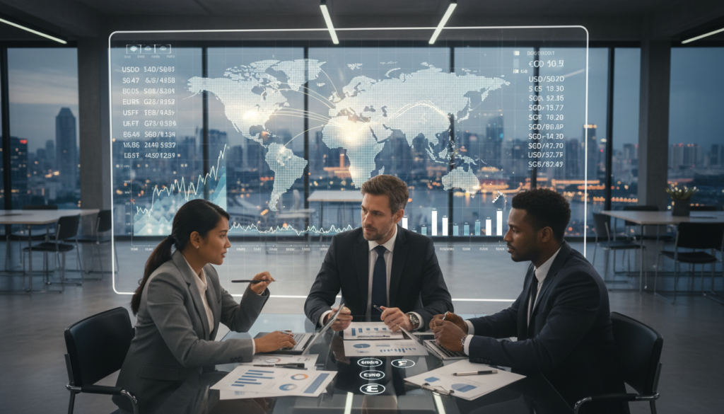 A photorealistic image depicting a professional business scene focused on multi-currency payments. In the foreground, a diverse group of three business professionals, dressed in smart business attire, are collaborating over a modern table cluttered with financial documents, laptops, and mobile devices showing various currency symbols. The middle ground features a large digital display screen illustrating real-time currency exchange rates and graphs, with a glowing, interactive world map highlighting Singapore's economic connections. The background showcases an open office environment with sleek design, panoramic windows overlooking a bustling cityscape. Soft, natural lighting filters through the windows, creating an atmosphere of focus and innovation, blending professionalism with a sense of global reach. A photorealistic image depicting a professional business scene focused on multi-currency payments. In the foreground, a diverse group of three business professionals, dressed in smart business attire, are collaborating over a modern table cluttered with financial documents, laptops, and mobile devices showing various currency symbols. The middle ground features a large digital display screen illustrating real-time currency exchange rates and graphs, with a glowing, interactive world map highlighting Singapore's economic connections. The background showcases an open office environment with sleek design, panoramic windows overlooking a bustling cityscape. Soft, natural lighting filters through the windows, creating an atmosphere of focus and innovation, blending professionalism with a sense of global reach.