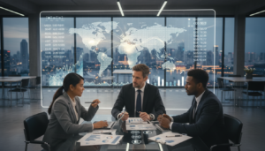 A photorealistic image depicting a professional business scene focused on multi-currency payments. In the foreground, a diverse group of three business professionals, dressed in smart business attire, are collaborating over a modern table cluttered with financial documents, laptops, and mobile devices showing various currency symbols. The middle ground features a large digital display screen illustrating real-time currency exchange rates and graphs, with a glowing, interactive world map highlighting Singapore's economic connections. The background showcases an open office environment with sleek design, panoramic windows overlooking a bustling cityscape. Soft, natural lighting filters through the windows, creating an atmosphere of focus and innovation, blending professionalism with a sense of global reach.