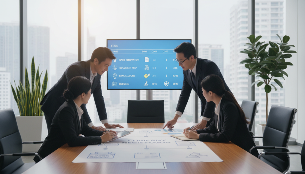 A photorealistic image depicting a professional business setting focused on company registration timelines. In the foreground, a diverse group of business professionals in smart attire gather around a sleek, modern conference table, examining an illustrated timeline graphic that detail steps involved in registering a company. In the middle ground, a large digital screen displays a clear timeline with milestones, costs, and icons representing various stages of the incorporation process. The background features a contemporary office with glass walls, subtle decorative plants, and natural light streaming in from the windows, creating an optimistic and forward-looking atmosphere. The focus is on collaboration and professionalism, emphasizing an organized approach to company registration.