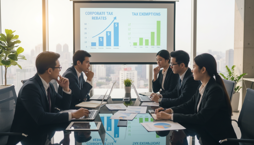 A photorealistic image depicting a professional business setting focused on corporate tax rebates. In the foreground, a diverse group of business professionals, dressed in business attire, are engaged in a discussion around a sleek conference table with laptops, documents, and financial graphs prominently displayed. In the middle, a projector screen shows a visual representation of corporate tax rebates versus exemptions, using clear and colorful charts. The background features a modern office with large windows, allowing natural light to illuminate the room, creating a bright and optimistic atmosphere. Capture the essence of collaboration and understanding, while maintaining a polished corporate environment. Ensure a thoughtful and serious mood reflecting the significance of financial planning and strategy. A photorealistic image depicting a professional business setting focused on corporate tax rebates. In the foreground, a diverse group of business professionals, dressed in business attire, are engaged in a discussion around a sleek conference table with laptops, documents, and financial graphs prominently displayed. In the middle, a projector screen shows a visual representation of corporate tax rebates versus exemptions, using clear and colorful charts. The background features a modern office with large windows, allowing natural light to illuminate the room, creating a bright and optimistic atmosphere. Capture the essence of collaboration and understanding, while maintaining a polished corporate environment. Ensure a thoughtful and serious mood reflecting the significance of financial planning and strategy.