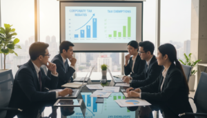 A photorealistic image depicting a professional business setting focused on corporate tax rebates. In the foreground, a diverse group of business professionals, dressed in business attire, are engaged in a discussion around a sleek conference table with laptops, documents, and financial graphs prominently displayed. In the middle, a projector screen shows a visual representation of corporate tax rebates versus exemptions, using clear and colorful charts. The background features a modern office with large windows, allowing natural light to illuminate the room, creating a bright and optimistic atmosphere. Capture the essence of collaboration and understanding, while maintaining a polished corporate environment. Ensure a thoughtful and serious mood reflecting the significance of financial planning and strategy.