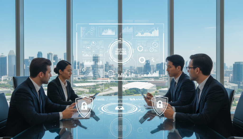 A photorealistic image depicting a professional modern office setting symbolizing partner selection security for remote operations. In the foreground, a diverse group of four individuals, dressed in formal business attire, collaborate around a sleek glass table, engaged in a discussion with digital devices in hand. The middle ground features a large interactive screen displaying graphs and charts that represent analytical data for partner selection. In the background, large windows offer an expansive view of Singapore's skyline, filled with iconic skyscrapers under a clear blue sky. Soft natural light illuminates the room, creating a warm and inviting atmosphere. The overall mood conveys professionalism, collaboration, and strategic decision-making.