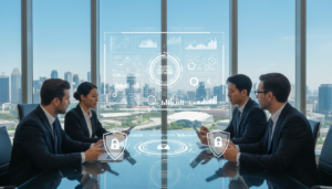 A photorealistic image depicting a professional modern office setting symbolizing partner selection security for remote operations. In the foreground, a diverse group of four individuals, dressed in formal business attire, collaborate around a sleek glass table, engaged in a discussion with digital devices in hand. The middle ground features a large interactive screen displaying graphs and charts that represent analytical data for partner selection. In the background, large windows offer an expansive view of Singapore's skyline, filled with iconic skyscrapers under a clear blue sky. Soft natural light illuminates the room, creating a warm and inviting atmosphere. The overall mood conveys professionalism, collaboration, and strategic decision-making.