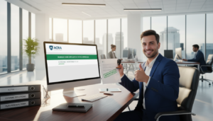 A photorealistic image depicting a professional office scene focused on the concept of "business name approval". In the foreground, a business professional in formal attire is reviewing documents on a sleek, modern desk, looking satisfied as they hold an approval stamp. In the middle, a large computer screen displays the ACRA (Accounting and Corporate Regulatory Authority) website with a logo visible, while a few organized folders labeled with different business names rest nearby. The background features a bright, airy office environment with large windows allowing sunlight to stream in, casting soft shadows. The mood is optimistic and professional, emphasizing a successful business name registration process.