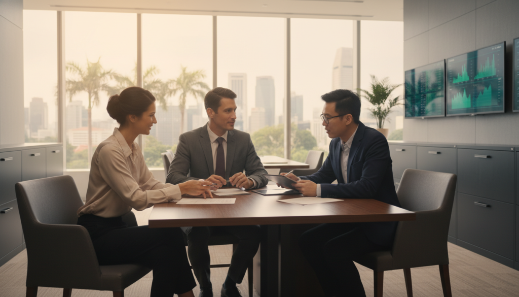 A photorealistic image depicting a professional setting for opening a business bank account in Singapore. In the foreground, a diverse group of three business professionals in smart attire – a woman in a sleek blouse and tailored trousers, a man in a sharp suit, and a person of Asian descent in a blazer – discussing important documents at an elegant wooden desk. The middle ground features a modern banking office with large windows letting in natural light, showcasing a vibrant cityscape outside. In the background, rows of sleek, organized filing cabinets and digital screens displaying financial charts create a professional atmosphere. Soft, warm lighting enhances the inviting mood, emphasizing professionalism and trust. The scene conveys a sense of clarity, purpose, and friendly collaboration.