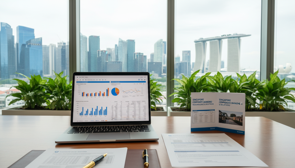 A photorealistic image depicting a serene banking office environment focused on a corporate bank account. In the foreground, a polished wooden desk with a modern laptop displaying financial charts and data documents neatly organized. To the side, a golden pen and a small stack of business brochures about Singapore banking requirements. In the middle ground, a large window allowing natural light to stream in, highlighting a cityscape of Singapore, showcasing tall buildings and the Marina Bay Sands in the distance. In the background, soft green plants add a touch of nature. The atmosphere is professional and inviting, evoking a sense of trust and stability. The lighting is bright and warm, emphasizing a productive work environment.