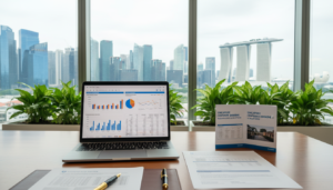 A photorealistic image depicting a serene banking office environment focused on a corporate bank account. In the foreground, a polished wooden desk with a modern laptop displaying financial charts and data documents neatly organized. To the side, a golden pen and a small stack of business brochures about Singapore banking requirements. In the middle ground, a large window allowing natural light to stream in, highlighting a cityscape of Singapore, showcasing tall buildings and the Marina Bay Sands in the distance. In the background, soft green plants add a touch of nature. The atmosphere is professional and inviting, evoking a sense of trust and stability. The lighting is bright and warm, emphasizing a productive work environment.