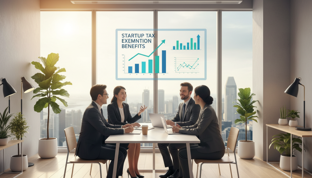 A photorealistic image depicting a serene modern office space symbolizing the concept of start-up tax exemption. In the foreground, a diverse group of business professionals in smart business attire is engaged in a discussion, emphasizing collaboration and innovation. The middle ground features a large digital display showing charts and graphs related to tax exemption benefits, symbolizing financial growth. In the background, large windows allow natural light to flood the room, highlighting a panoramic view of Singapore’s skyline. The atmosphere conveys optimism and opportunity, with warm lighting enhancing the inviting ambiance, suggesting a productive work environment focused on success and financial planning. Subtle greenery in the room adds to the sense of growth and flourishing.