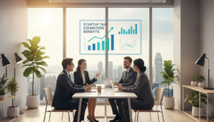 A photorealistic image depicting a serene modern office space symbolizing the concept of start-up tax exemption. In the foreground, a diverse group of business professionals in smart business attire is engaged in a discussion, emphasizing collaboration and innovation. The middle ground features a large digital display showing charts and graphs related to tax exemption benefits, symbolizing financial growth. In the background, large windows allow natural light to flood the room, highlighting a panoramic view of Singapore’s skyline. The atmosphere conveys optimism and opportunity, with warm lighting enhancing the inviting ambiance, suggesting a productive work environment focused on success and financial planning. Subtle greenery in the room adds to the sense of growth and flourishing.