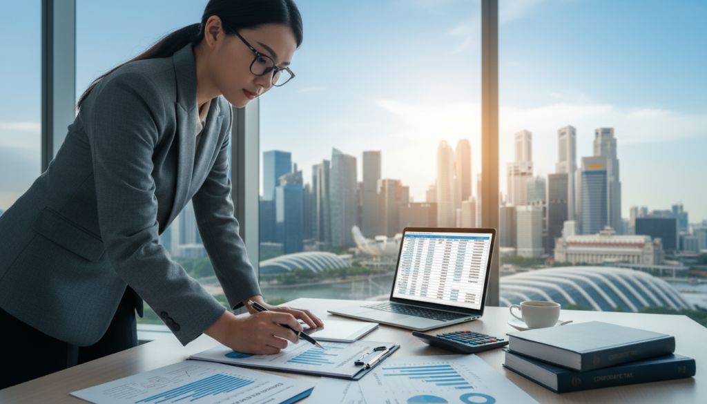 A photorealistic image depicting the concept of "chargeable income" in a corporate setting. In the foreground, a professional-looking accountant, dressed in formal business attire, is examining financial documents on a sleek modern desk. The midground features a well-organized workspace with a laptop displaying a financial spreadsheet and a calculator. In the background, large windows let in soft natural light, illuminating a skyline view of Singapore, showcasing its distinctive high-rise buildings. The overall atmosphere is one of professionalism and clarity, symbolizing thorough financial analysis and corporate responsibility. The composition should convey a sense of focus and determination, embodying the essence of understanding corporate income tax and exemptions. A photorealistic image depicting the concept of "chargeable income" in a corporate setting. In the foreground, a professional-looking accountant, dressed in formal business attire, is examining financial documents on a sleek modern desk. The midground features a well-organized workspace with a laptop displaying a financial spreadsheet and a calculator. In the background, large windows let in soft natural light, illuminating a skyline view of Singapore, showcasing its distinctive high-rise buildings. The overall atmosphere is one of professionalism and clarity, symbolizing thorough financial analysis and corporate responsibility. The composition should convey a sense of focus and determination, embodying the essence of understanding corporate income tax and exemptions.
