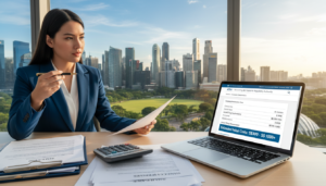 A photorealistic image depicting the concept of registration costs for a company in Singapore. In the foreground, a neatly arranged desk with a calculator, a stack of financial documents, and a laptop open to a business registration website. In the middle ground, a professional businesswoman in formal attire reviews the documents, looking focused and engaged. The background features the iconic skyline of Singapore, highlighting modern skyscrapers and greenery, symbolizing a thriving business environment. Soft natural lighting filters through a nearby window, creating a warm, inviting atmosphere. The overall mood conveys professionalism and clarity, making the topic of registration costs approachable and informative.