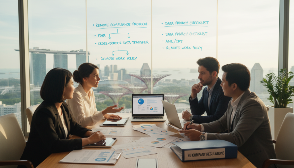 A photorealistic image depicting the key elements of legal compliance for remote business operations in Singapore. In the foreground, a diverse group of three professionals in smart business attire, discussing and reviewing legal documents on a modern office table filled with a laptop, a tablet, and various regulatory papers. The middle section includes a large, stylish whiteboard filled with flowcharts and compliance checklists, emphasizing key company policies. In the background, panoramic windows reveal Singapore's iconic skyline, bathed in soft daylight, creating an atmosphere of professionalism and focus. The lighting is bright yet warm, enhancing the sense of collaboration and forward-thinking in the remote work environment. The overall mood is one of diligence, integrity, and business acumen.