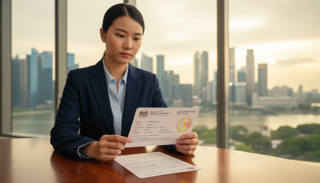 A photorealistic image of a Singapore Employment Pass document prominently displayed in the foreground, on a polished wooden desk. The document features official logos, a crisp holographic seal, and clear sections for personal data, all detailed and vivid. In the middle ground, a professional-looking Asian woman in business attire is reviewing the pass; her expression is focused and engaged. In the background, a modern Singaporean skyline is visible through a large window, softly blurred to emphasize the foreground elements. The lighting is warm and inviting, suggesting a professional office atmosphere, with a slight glow reflecting from the glass. Overall, the mood is optimistic and professional, encapsulating the essence of relocation and new opportunities in Singapore.