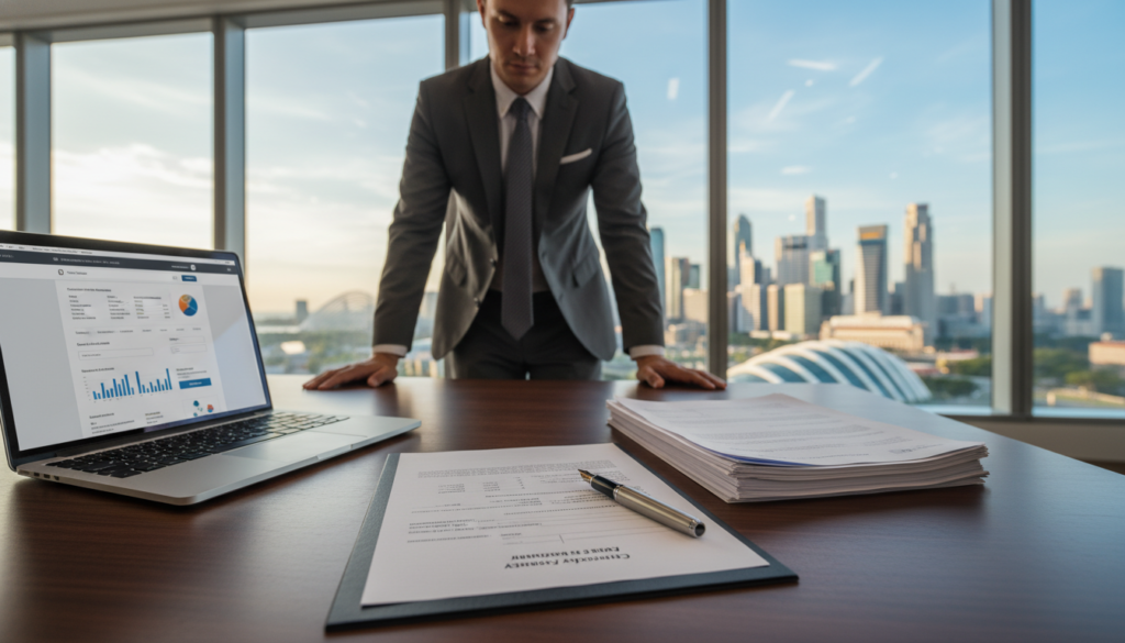 A photorealistic image of a corporate bank account setup. In the foreground, a sleek modern desk showcasing a neatly arranged stack of documents with an open bank account application, a stylish fountain pen, and a laptop displaying banking software. In the middle, a soft-focus businessman in a tailored suit, intently reviewing the paperwork, conveying professionalism and diligence. The background features large windows allowing natural light to flood the office space, casting an inviting glow, with views of Singapore's skyline visible. The atmosphere is one of seriousness and anticipation, highlighting the essential process of establishing a corporate bank account in a vibrant city. The lens focus is sharp on the document details while the background gently blurs for depth.