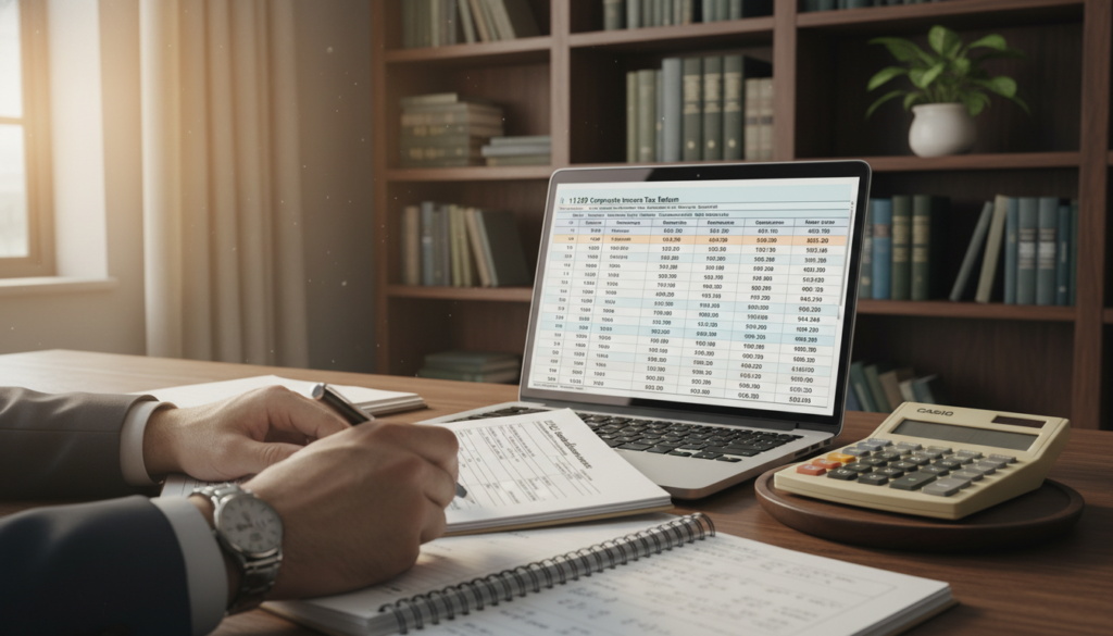 A photorealistic image of a corporate office desk setting, showcasing a neatly arranged stack of financial documents, including a corporate income tax return form prominently displayed. In the foreground, a pair of professional business hands, wearing a wristwatch, are holding a pen poised to write on a notepad filled with calculations. The middle layer features a laptop open with a spreadsheet displaying taxable income figures, and a vintage calculator beside it. In the background, a well-organized bookshelf filled with accounting books and a potted plant add warmth to the scene. Soft, natural lighting streams in from a nearby window, creating a focused, professional atmosphere, emphasizing the importance of preparation in financial reporting. A photorealistic image of a corporate office desk setting, showcasing a neatly arranged stack of financial documents, including a corporate income tax return form prominently displayed. In the foreground, a pair of professional business hands, wearing a wristwatch, are holding a pen poised to write on a notepad filled with calculations. The middle layer features a laptop open with a spreadsheet displaying taxable income figures, and a vintage calculator beside it. In the background, a well-organized bookshelf filled with accounting books and a potted plant add warmth to the scene. Soft, natural lighting streams in from a nearby window, creating a focused, professional atmosphere, emphasizing the importance of preparation in financial reporting.